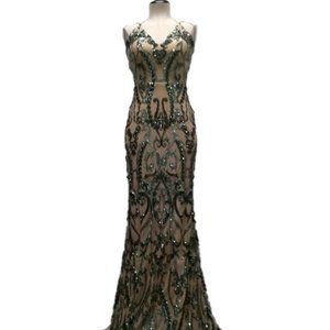 "Elaborate green sequin cutout, floor length, evening gown/party dress "